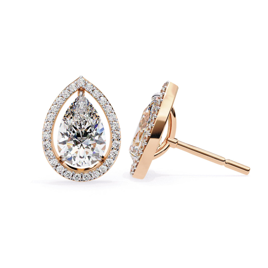Solitaire Pear Halo Diamond Stud Earrings