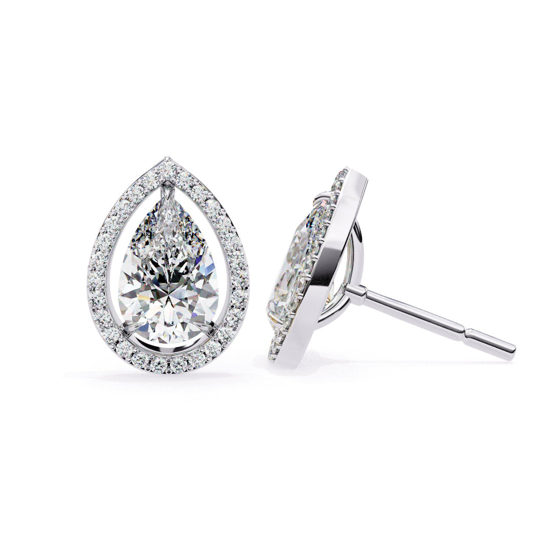 Solitaire Pear Halo Diamond Stud Earrings