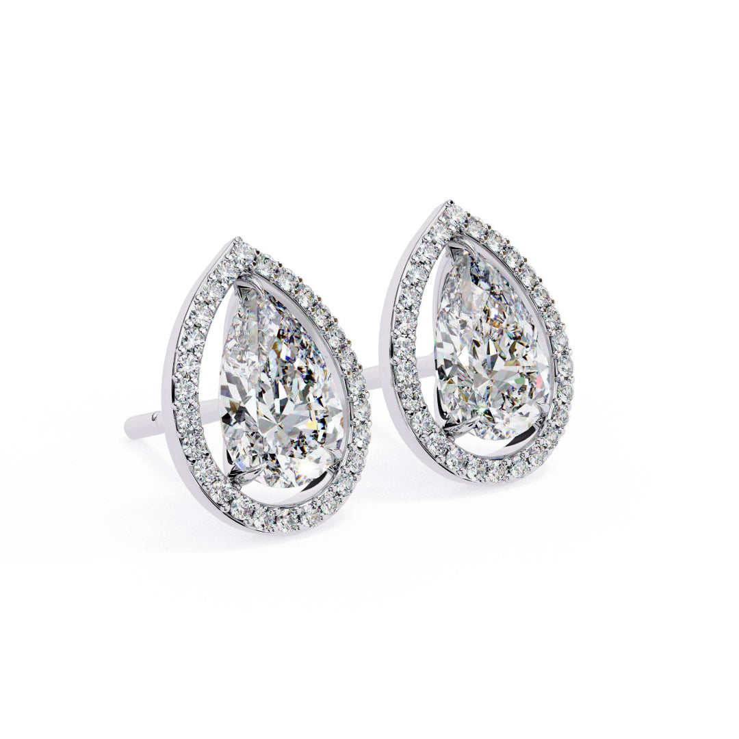 Solitaire Pear Halo Diamond Stud Earrings