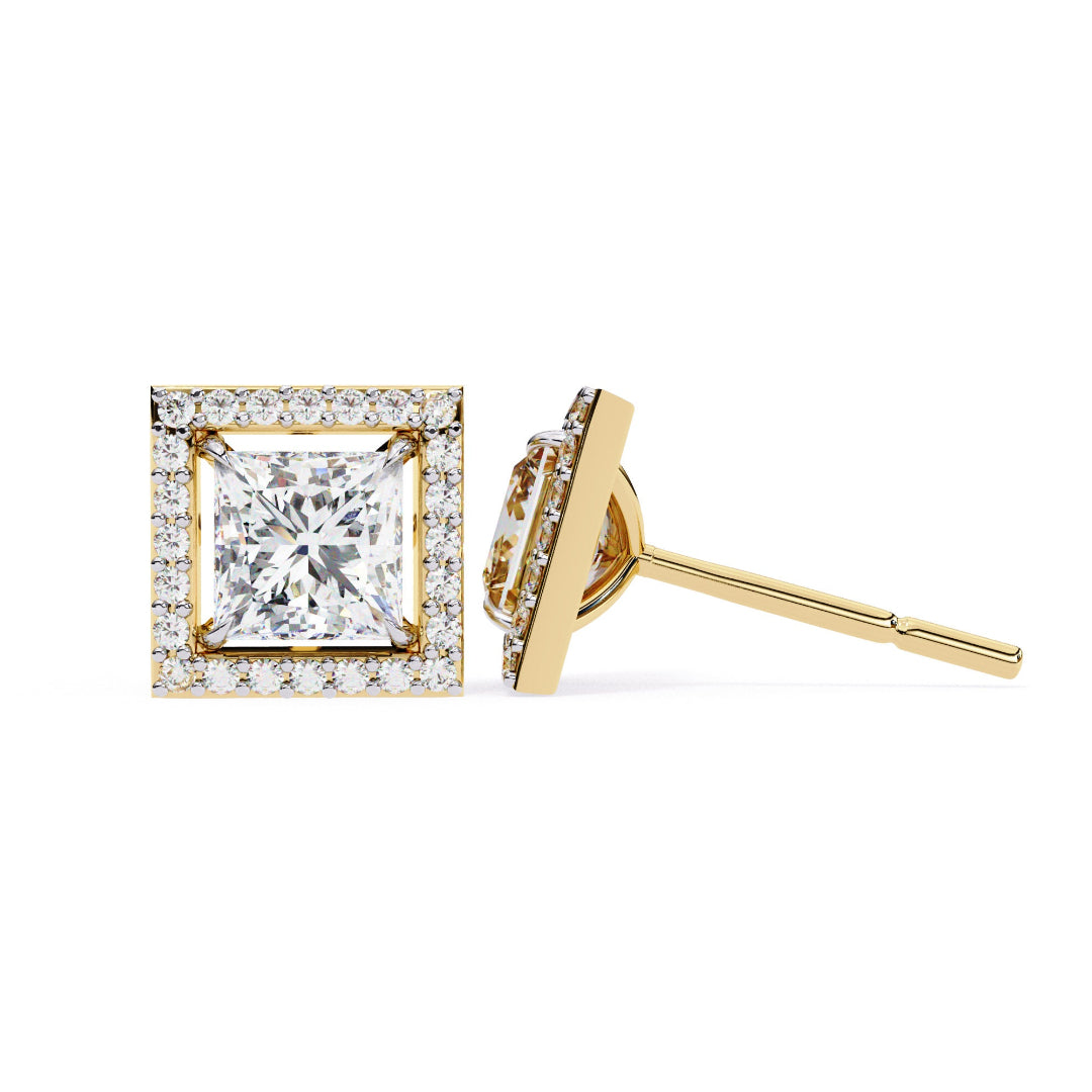Solitaire Princess Halo Diamond Stud Earrings