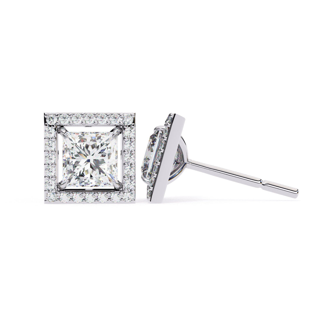 Solitaire Princess Halo Diamond Stud Earrings