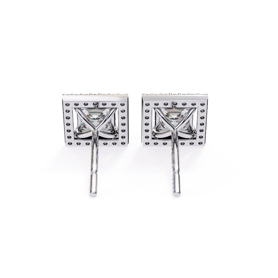 Solitaire Princess Halo Diamond Stud Earrings