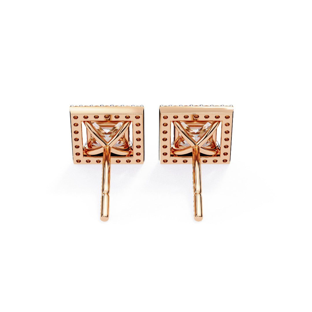 Solitaire Princess Halo Diamond Stud Earrings