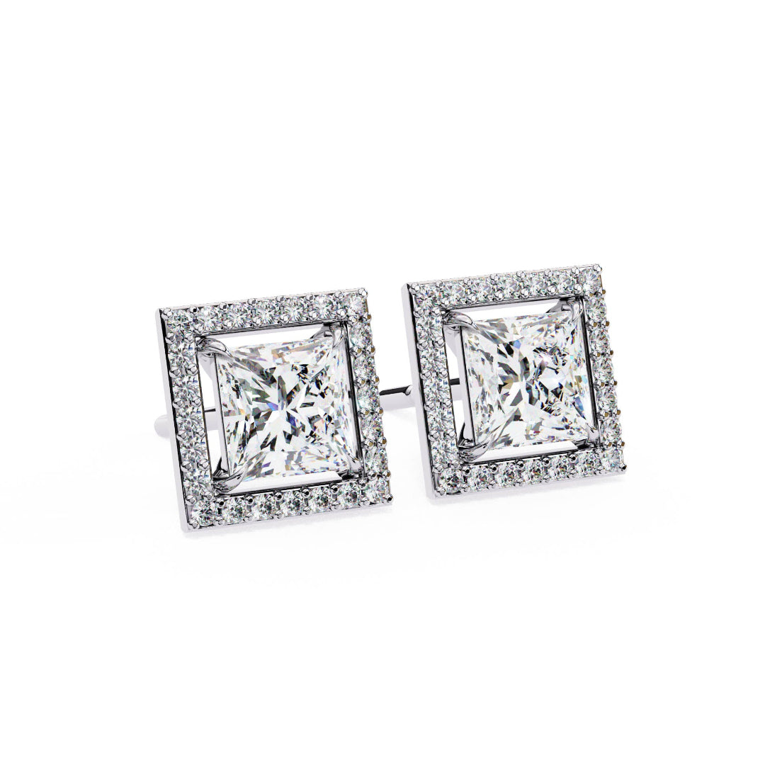 Solitaire Princess Halo Diamond Stud Earrings