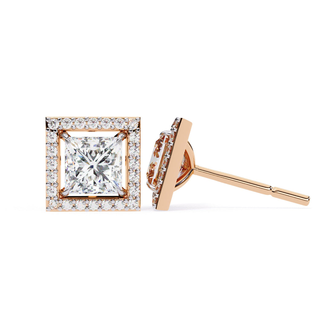 Solitaire Princess Halo Diamond Stud Earrings