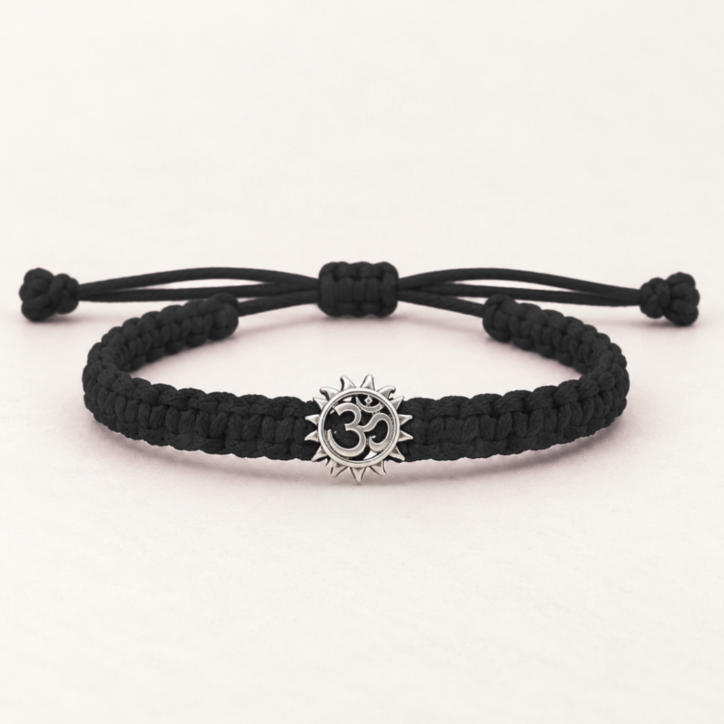 Sacred Om Motif Braided Pure Silver Bracelet