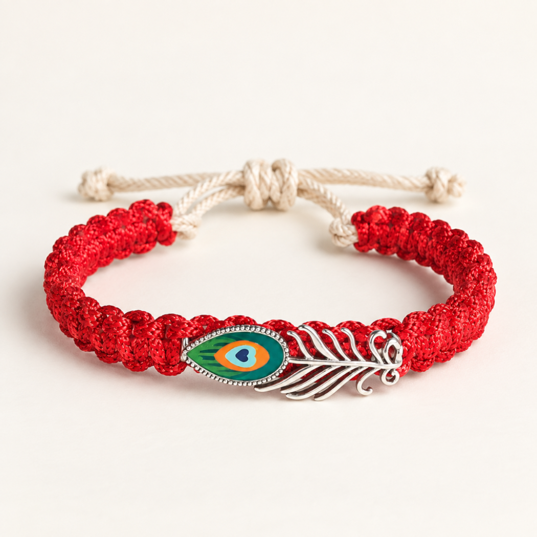 Handcrafted Red & Silver Peacock Feather Bracelet