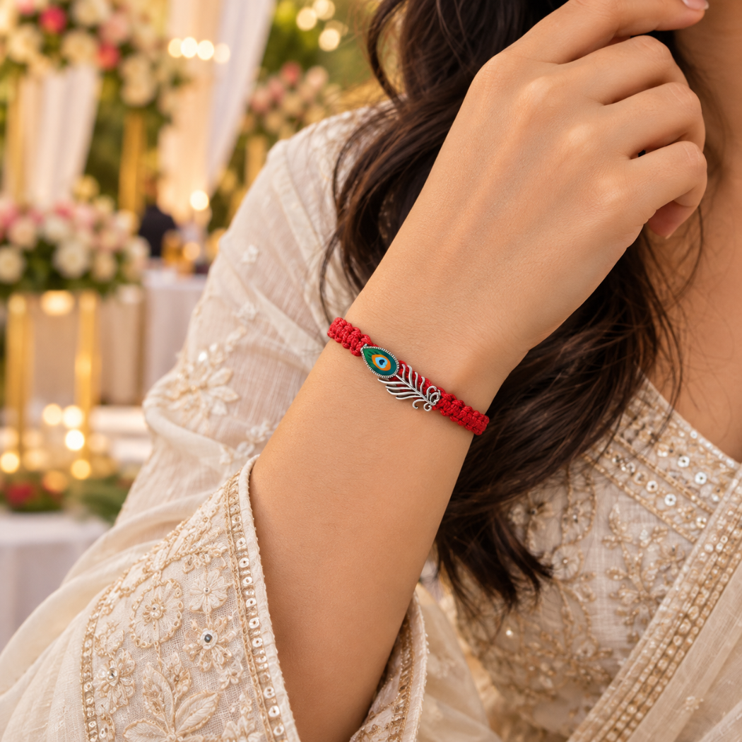 Handcrafted Red & Silver Peacock Feather Bracelet