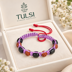 Handcrafted Rudraksha, Black Bead & Purple Cord Bracelet