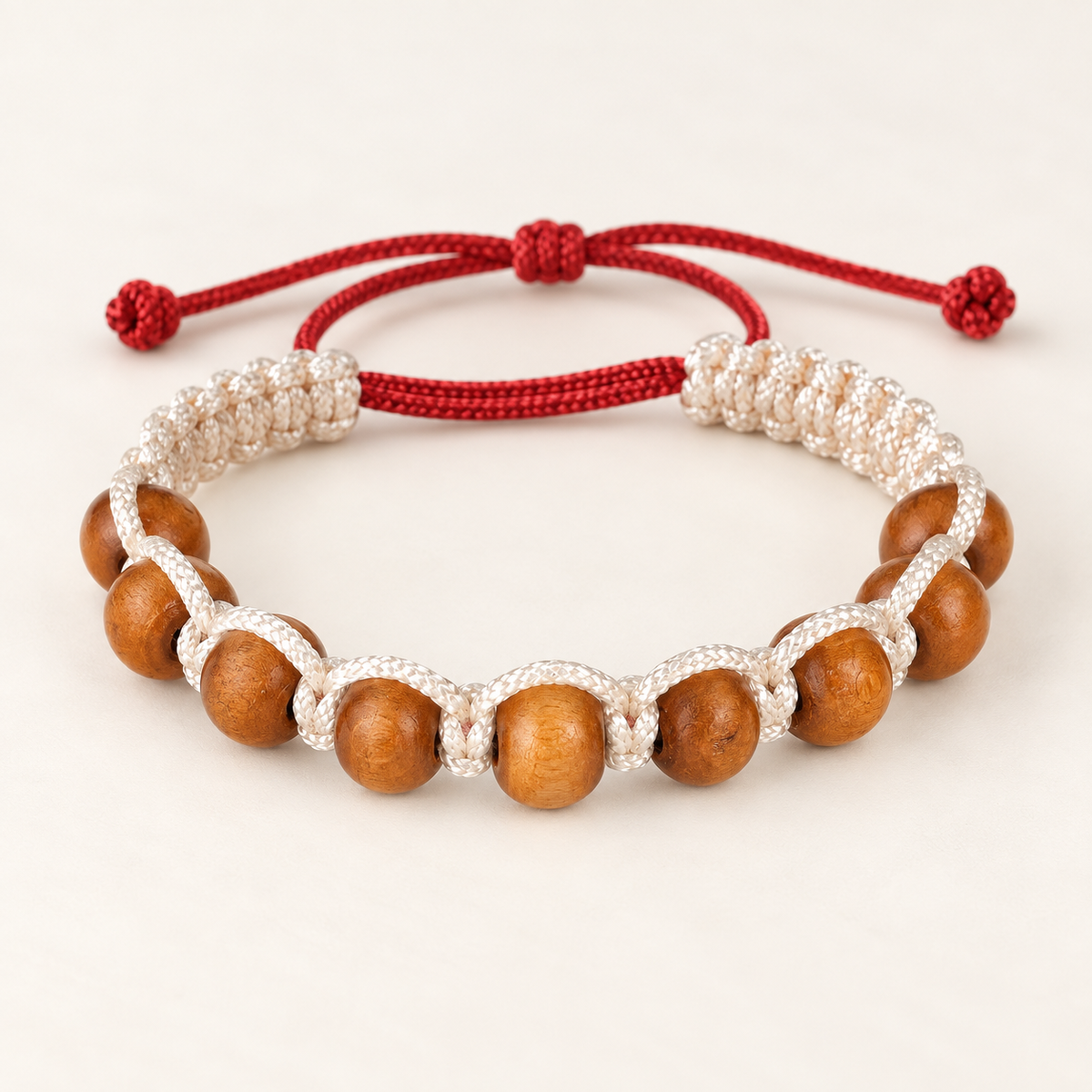 Handcrafted Wooden Beads with Red & Cream Cord Bracelet Main image