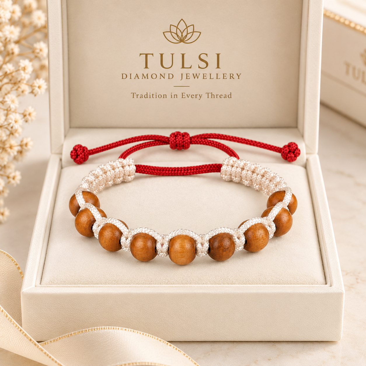 Handcrafted Wooden Beads with Red & Cream Cord Bracelet Secondary image