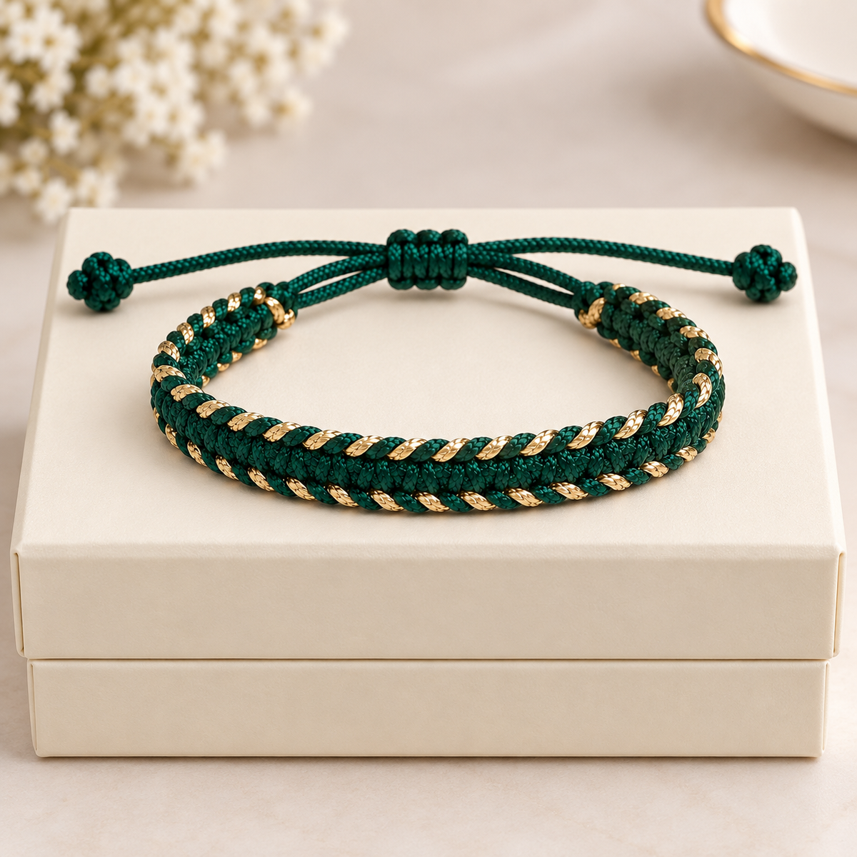 Tulsi Emerald Green & Light Gold Woven Thread Bracelet