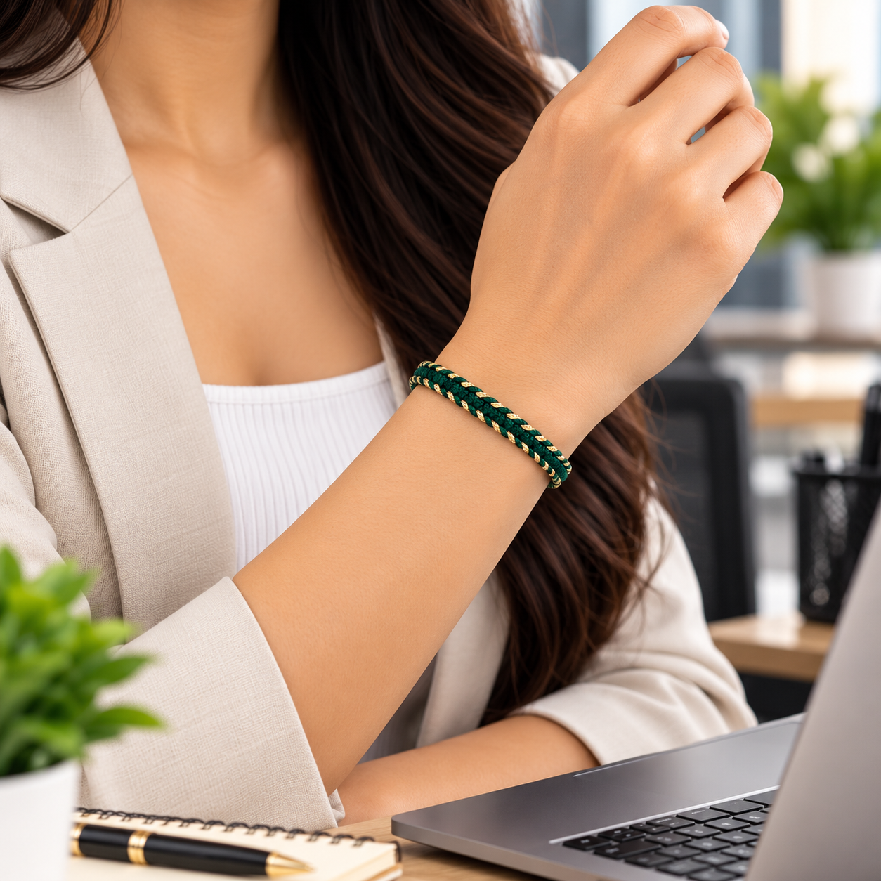 Tulsi Emerald Green & Light Gold Woven Thread Bracelet Secondary image