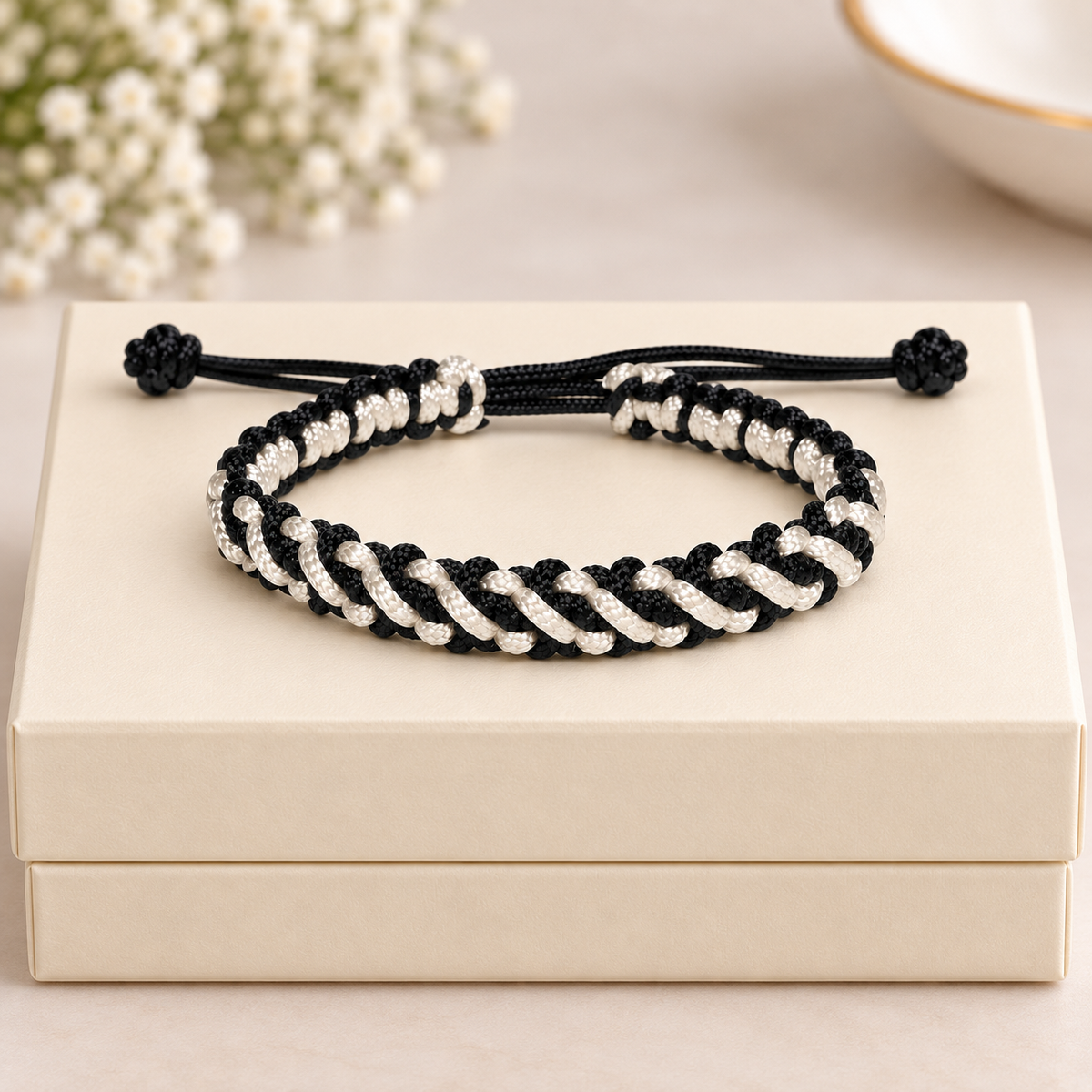 Tulsi Midnight Black & White Woven Thread Bracelet