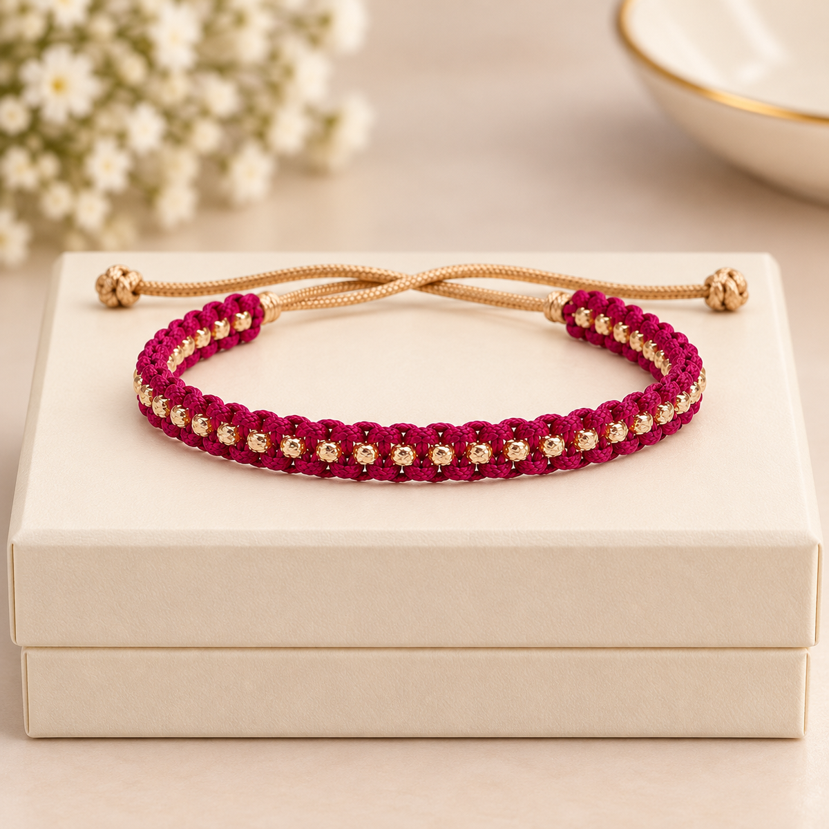 Ruby-Red & Gold Beaded Cord Bracelet