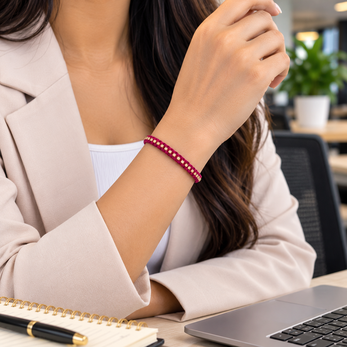 Ruby-Red & Gold Beaded Cord Bracelet
