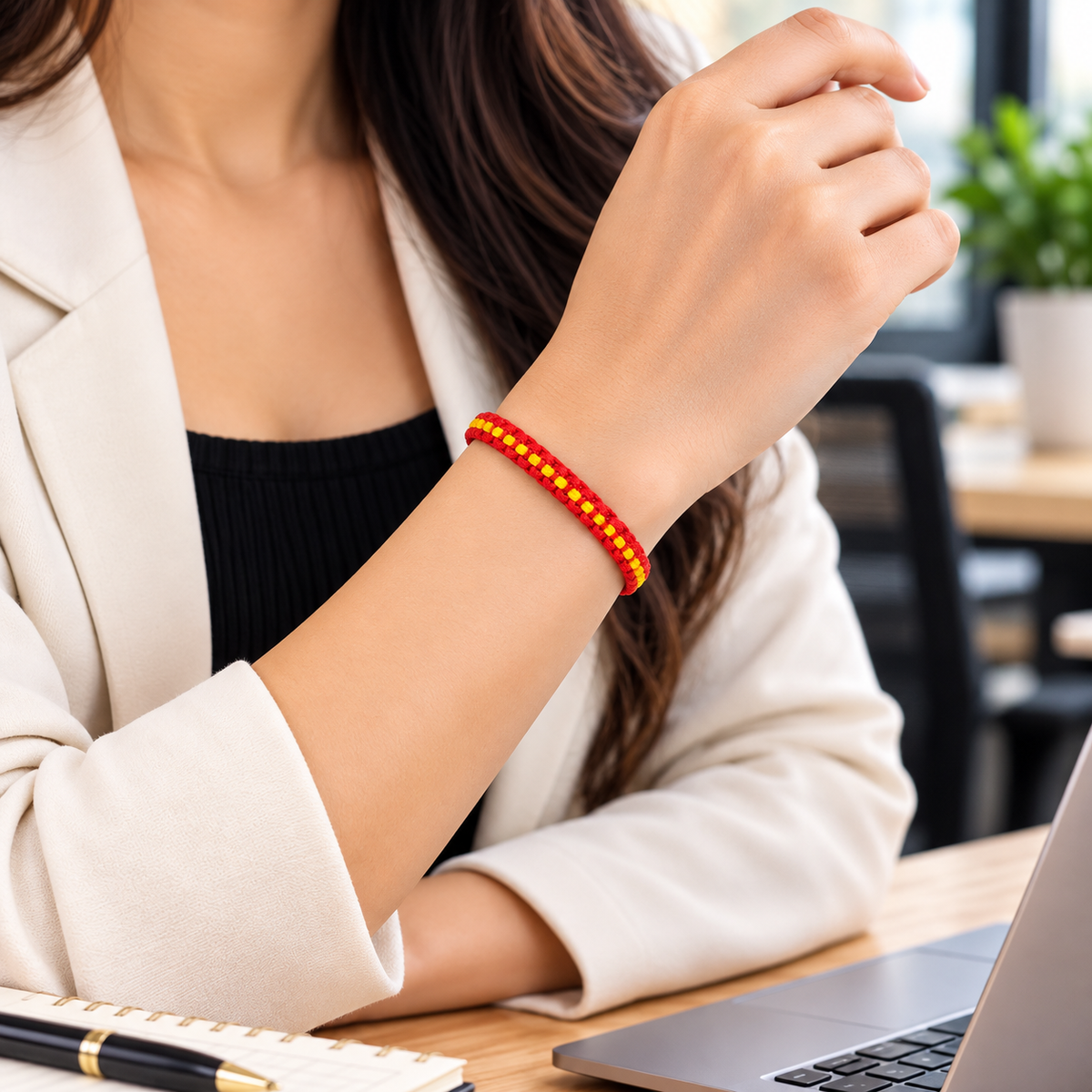 Ruby Red & Golden Yellow Woven Soft Thread Bracelet