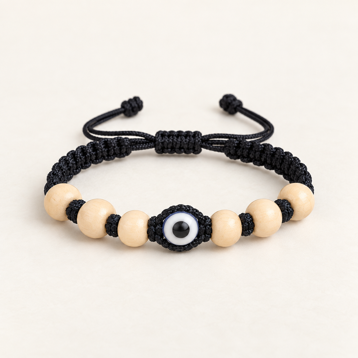 Handcrafted Evil Eye & Ivory Wood Bead Woven Bracelet Main image