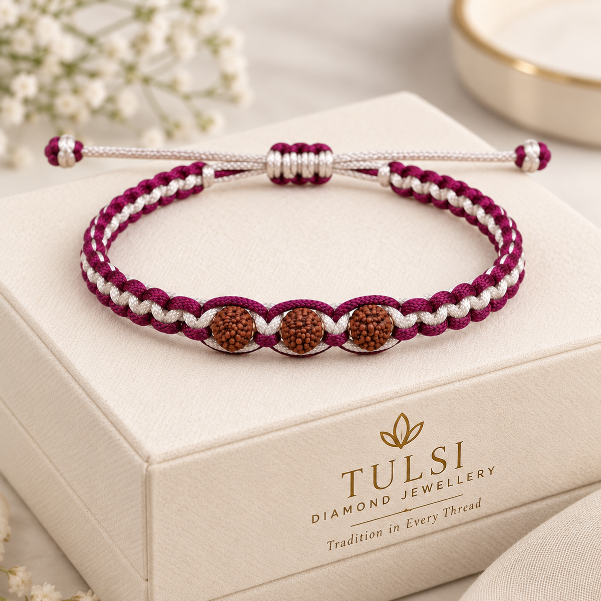 Sacred Maroon & White Braided Rudraksha Band With Silver Cap