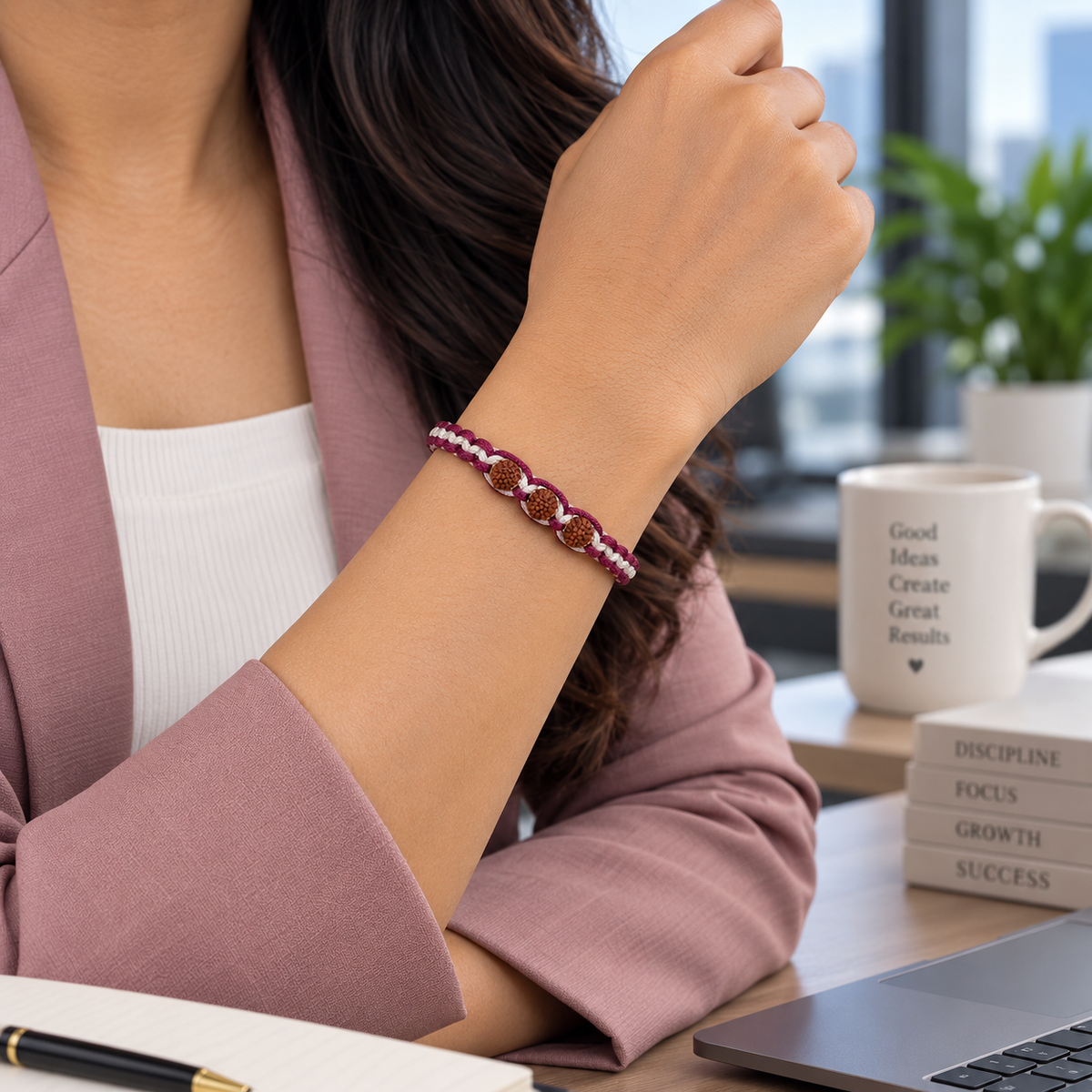 Sacred Maroon & White Braided Rudraksha Band With Silver Cap