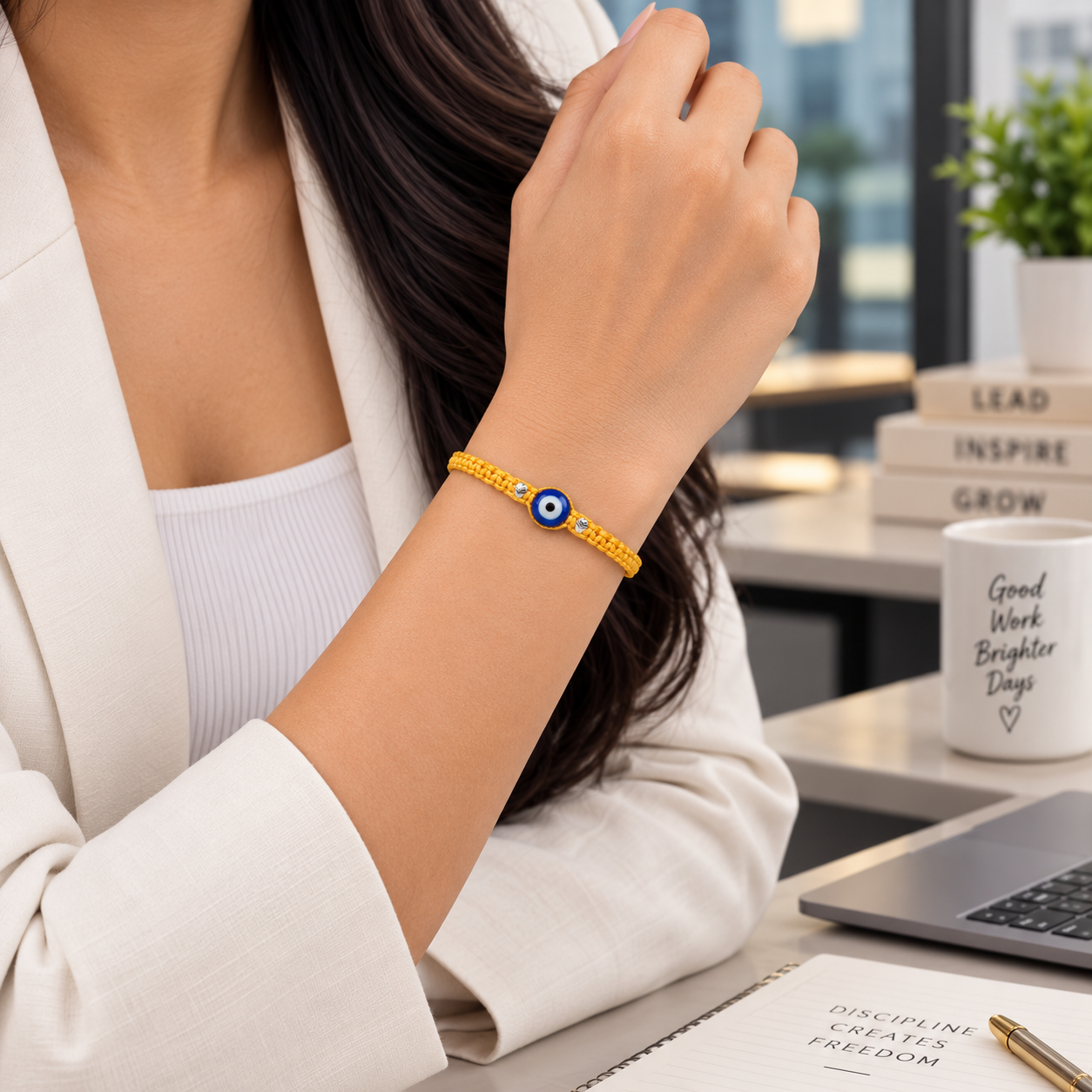 925 Pure Silver Evil Eye Yellow Thread Bracelet | Adjustable Nazar Protection Secondary image
