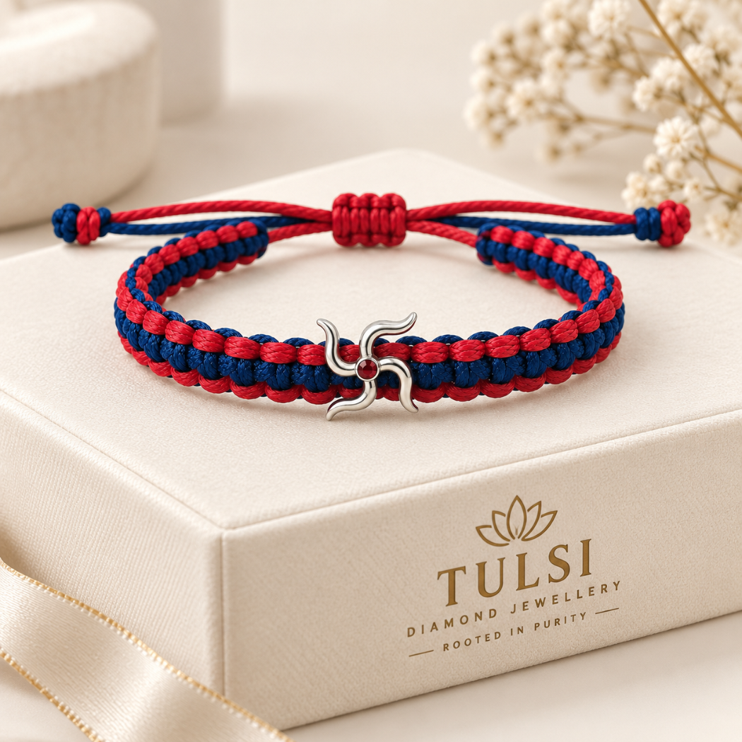 Auspicious Swastika Pure Silver & Dual-Tone Thread Bracelet
