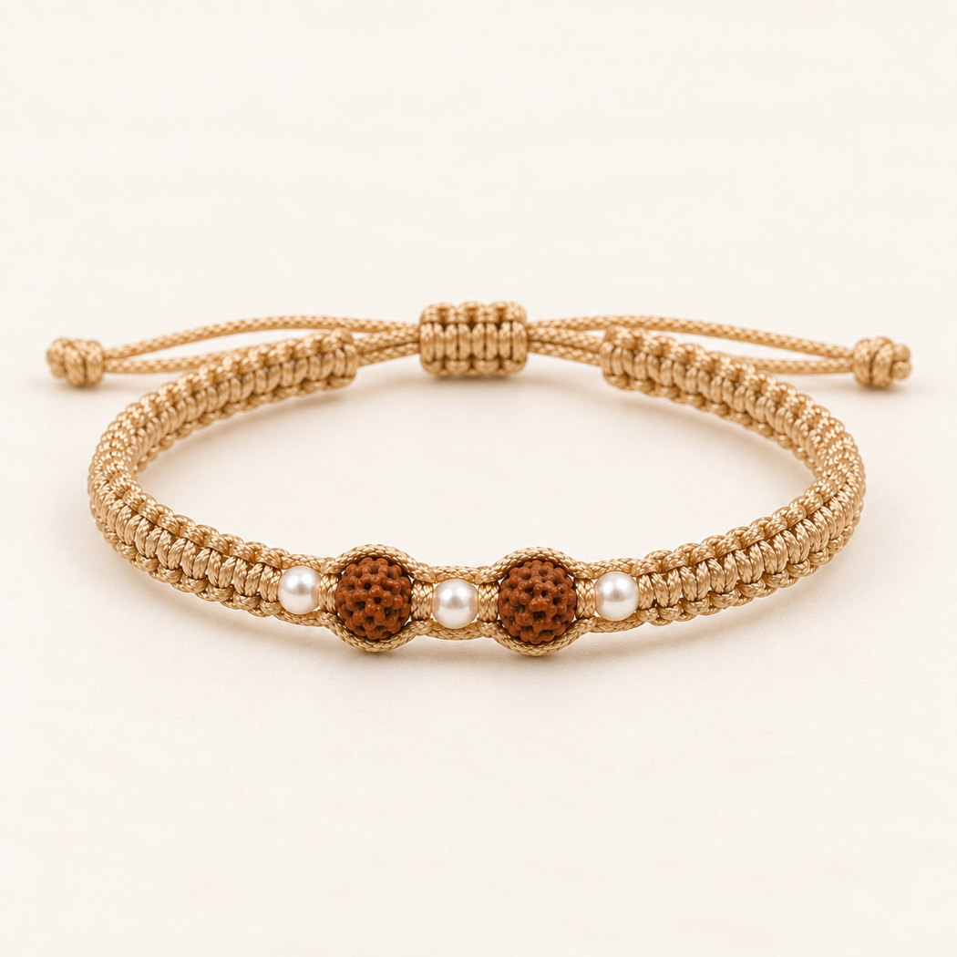 Divine Rudraksha & Silver Balls And Gold Thread Bracelet