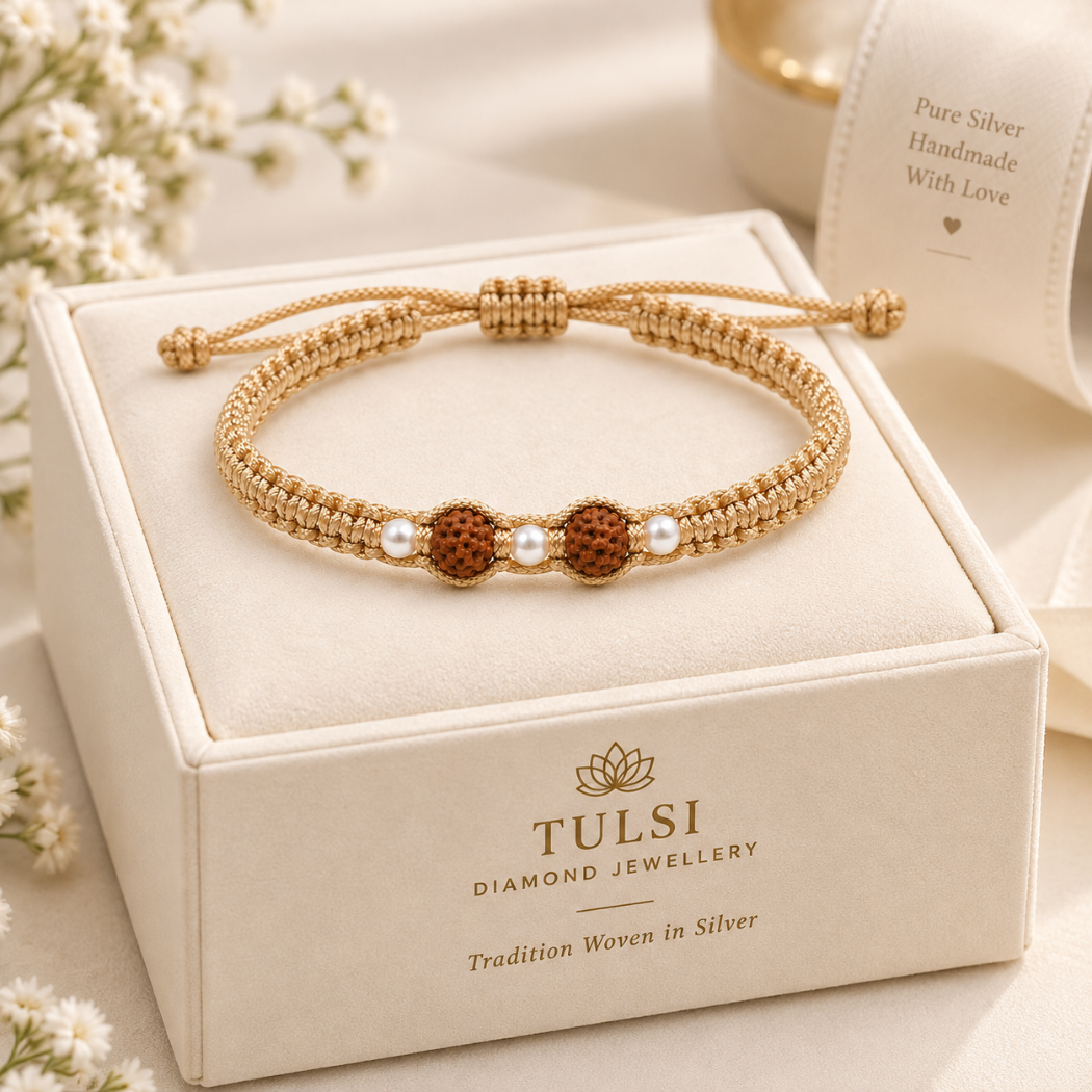 Divine Rudraksha & Silver Balls And Gold Thread Bracelet