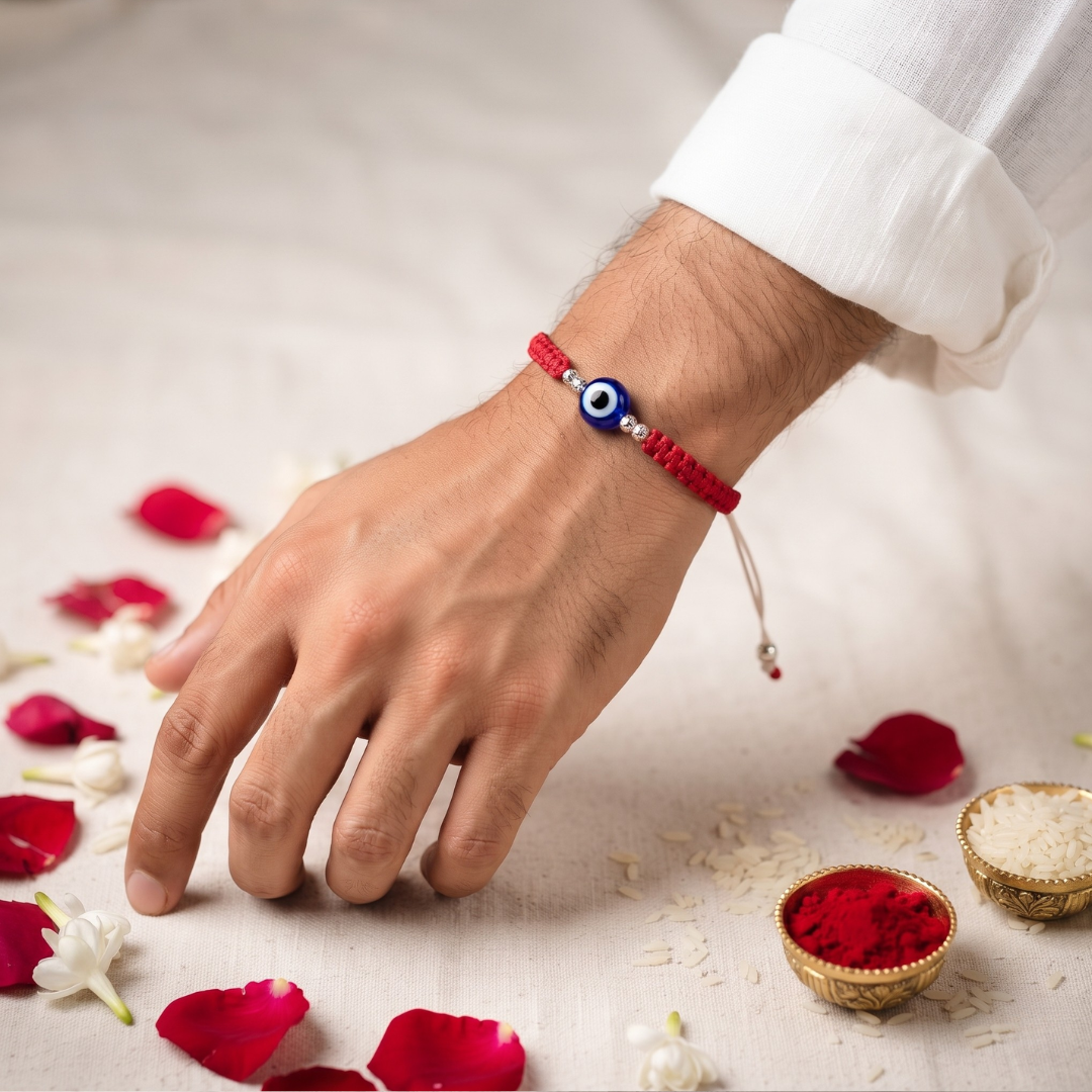 Pure Silver Evil Eye Braided Thread Bracelet / Rakhi