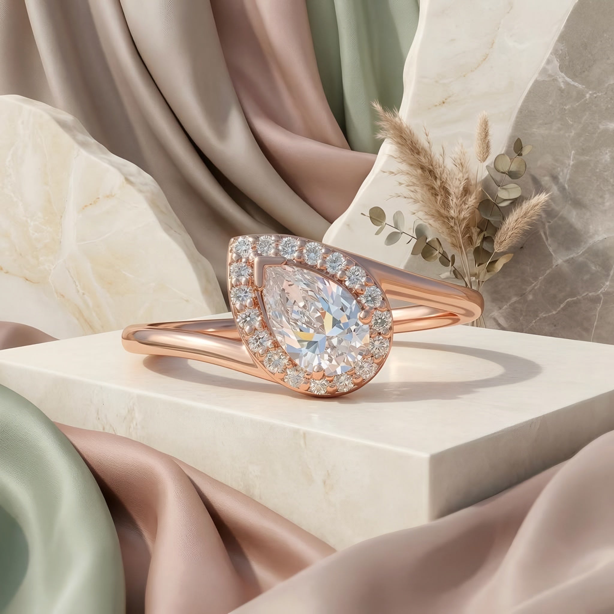 solitaire pear halo ring