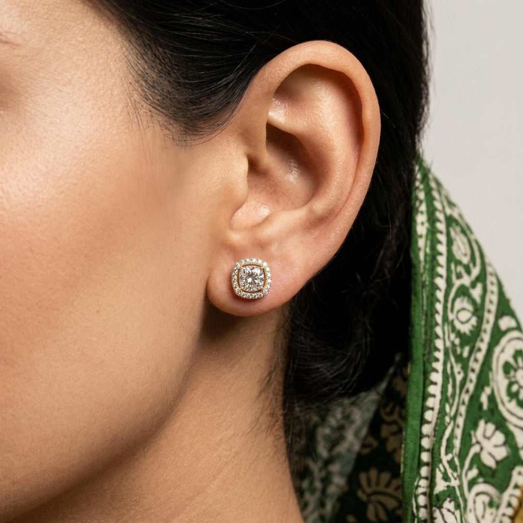 Sparkle Cushion Halo Diamond Stud Earrings