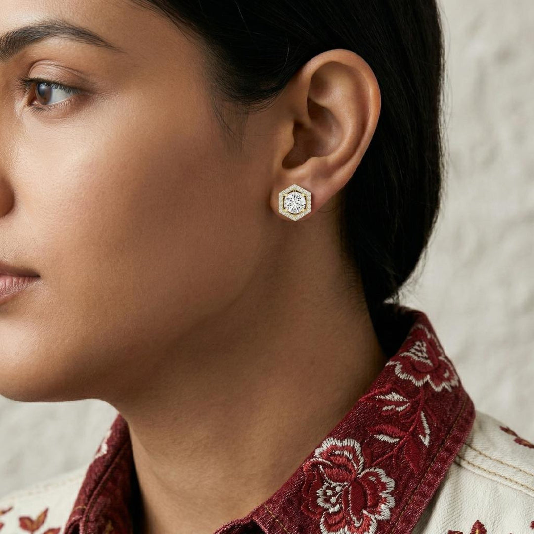 Solitaire Halo Hexagon Studs