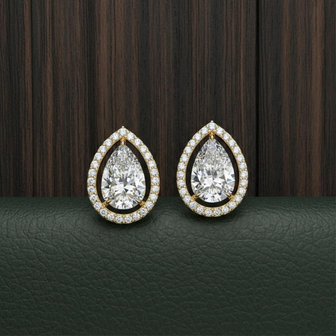 Solitaire Pear Halo Diamond Stud Earrings