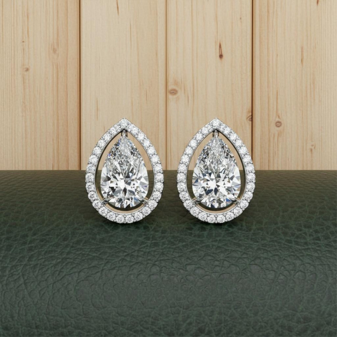 Solitaire Pear Halo Diamond Stud Earrings