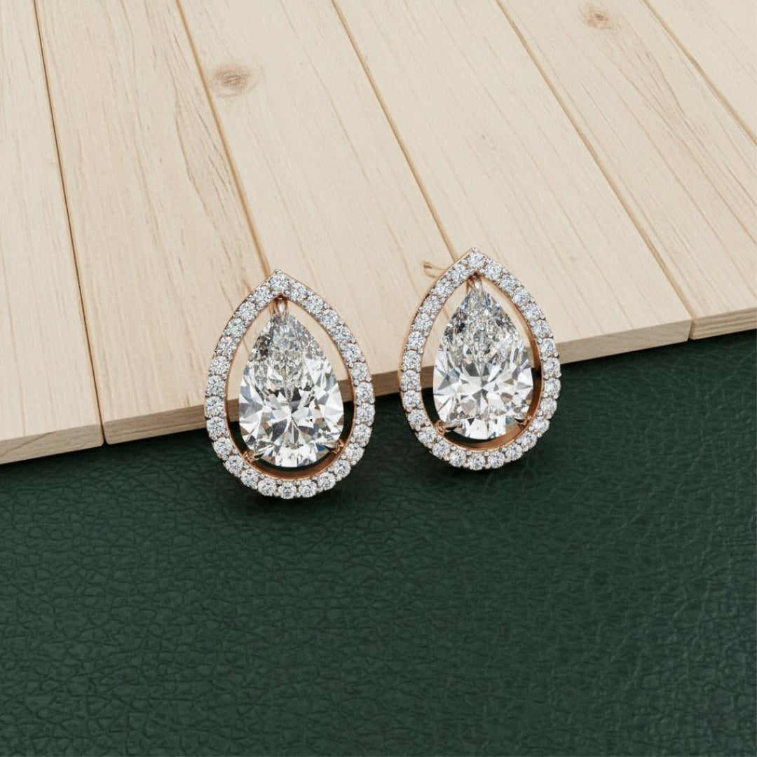 Solitaire Pear Halo Diamond Stud Earrings