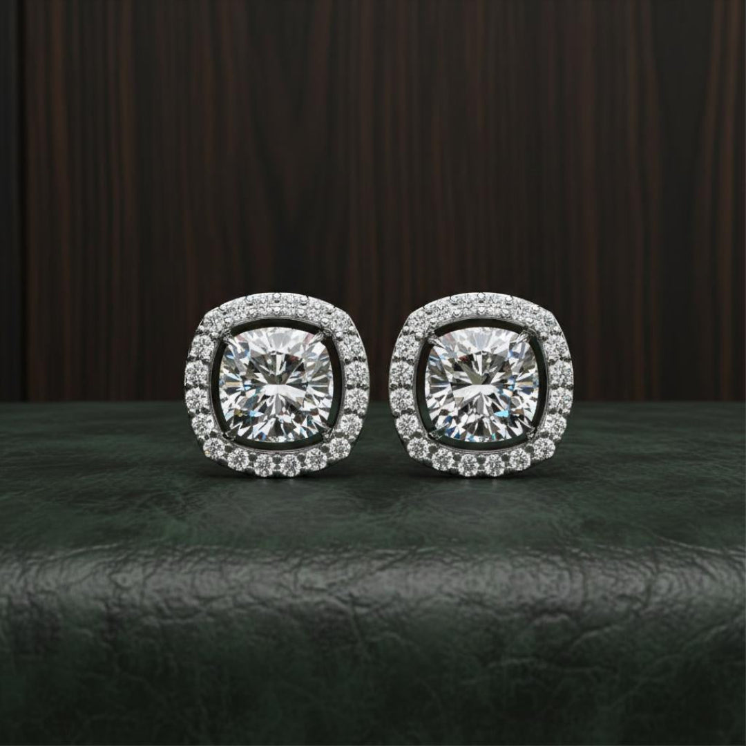 Sparkle Cushion Halo Diamond Stud Earrings
