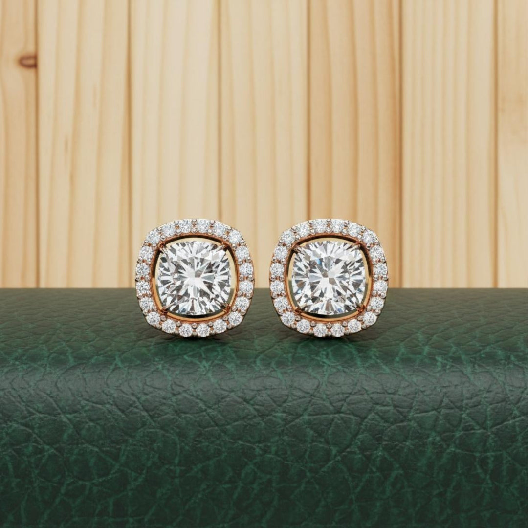 Sparkle Cushion Halo Diamond Stud Earrings