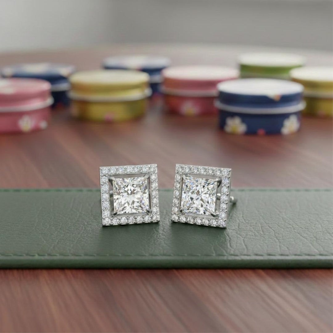 Solitaire Princess Halo Diamond Stud Earrings