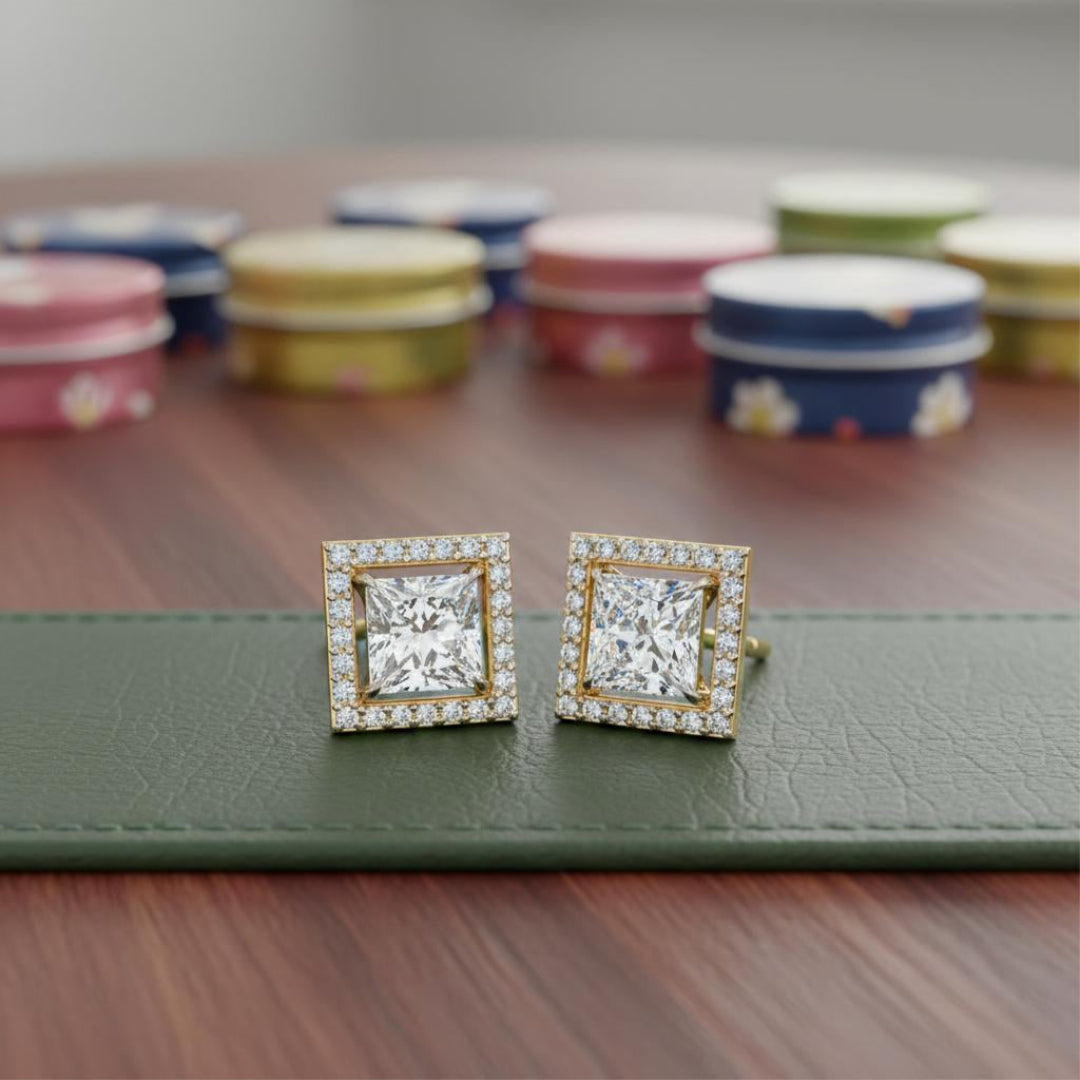 Solitaire Princess Halo Diamond Stud Earrings