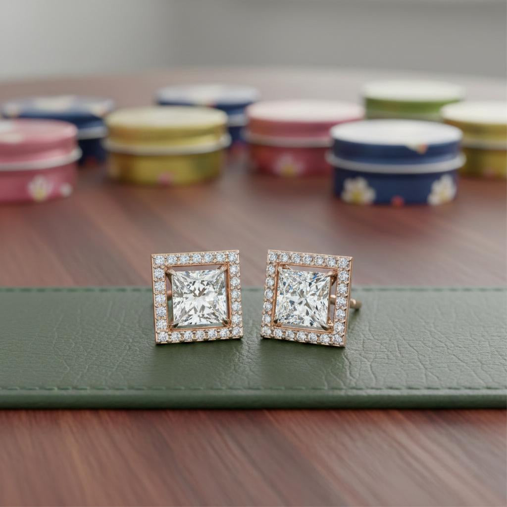 Solitaire Princess Halo Diamond Stud Earrings Main image