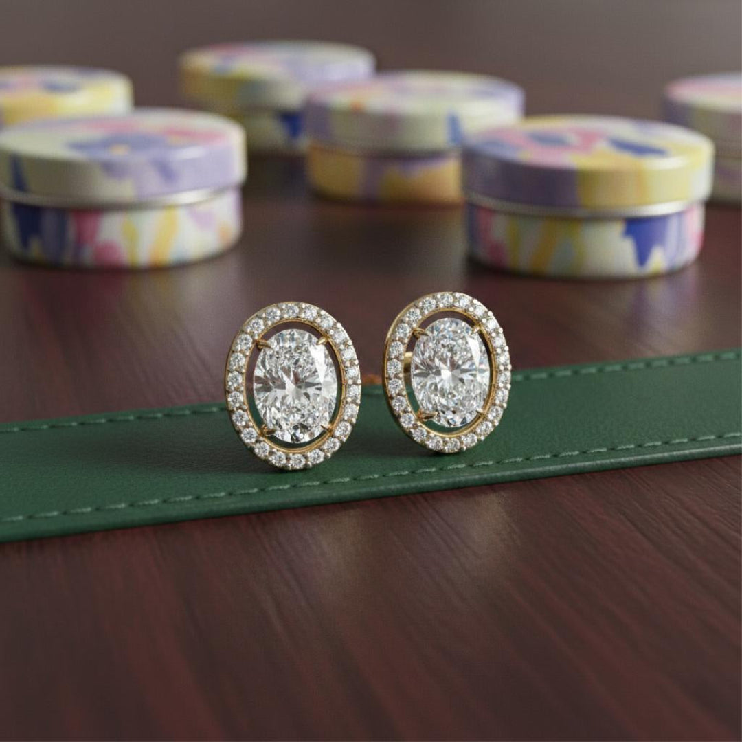 Solitaire Oval Halo Diamond Stud Earrings