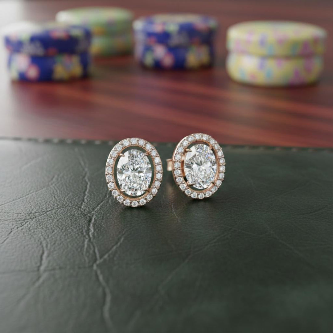 Solitaire Oval Halo Diamond Stud Earrings