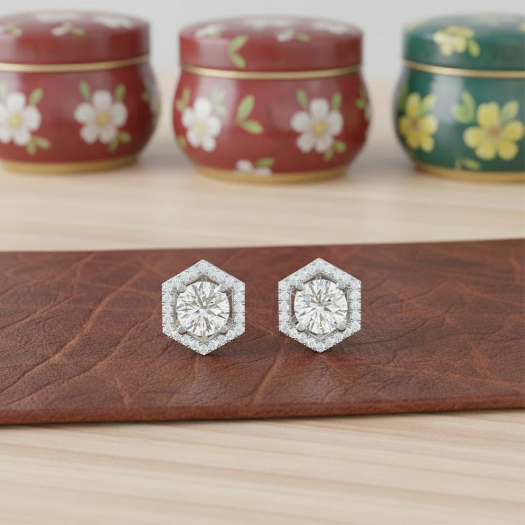 Solitaire Halo Hexagon Studs Main image