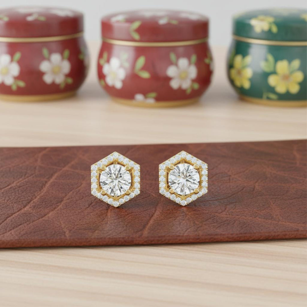 Solitaire Halo Hexagon Studs