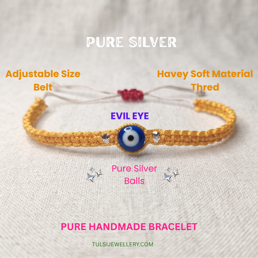 925 Pure Silver Evil Eye Yellow Thread Bracelet | Adjustable Nazar Protection