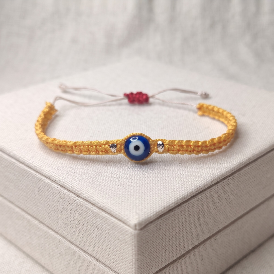 925 Pure Silver Evil Eye Yellow Thread Bracelet | Adjustable Nazar Protection