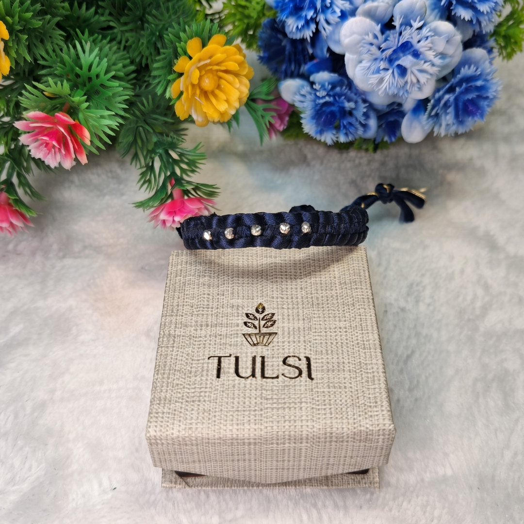 Tulsi Handcrafted Navy Blue Thread Bracelet with Pure Silver Balls