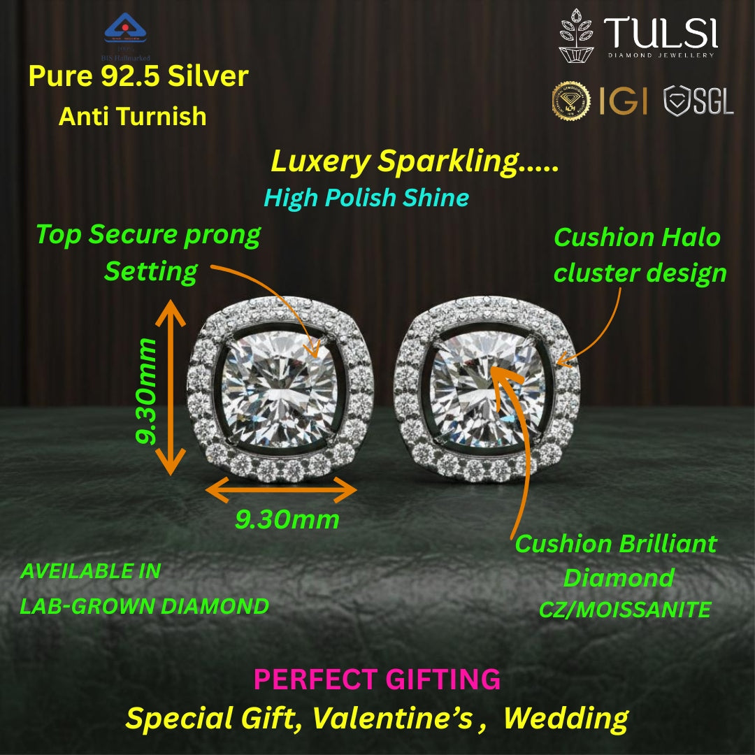 Sparkle Cushion Halo Diamond Stud Earrings