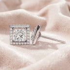 Solitaire Princess Halo Diamond Stud Earrings