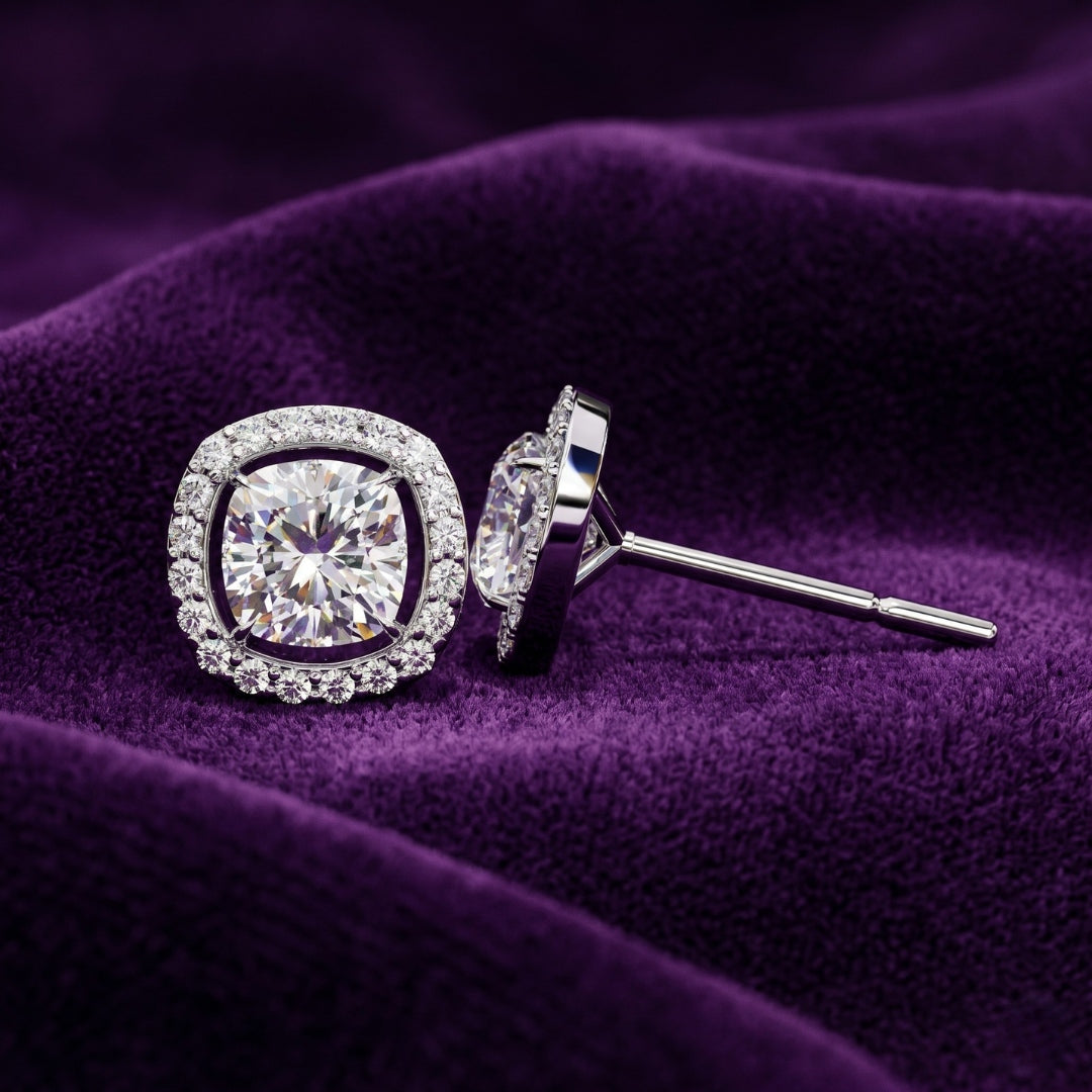 Sparkle Cushion Halo Diamond Stud Earrings